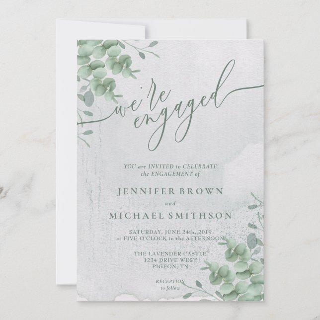 Invitación Caligrafía de eucalipto tropical contratada (Anverso)