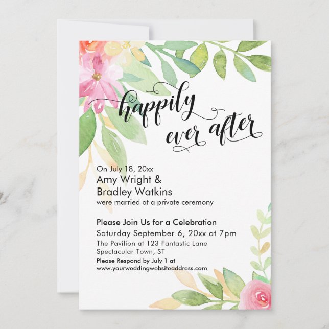 Invitación Caligrafía de Flores de Acuarela para Siempre Feli (Anverso)