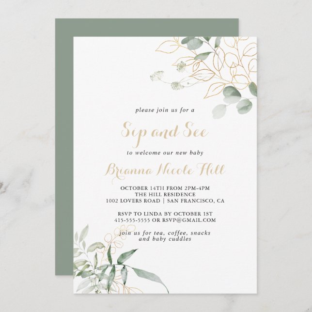 Invitación Caligrafía de follaje verde dorado Sip y See (Anverso / Reverso)