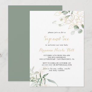 Invitación Caligrafía de follaje verde dorado Sip y See