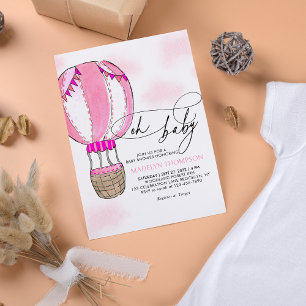 Invitación Caligrafía de globo aerostático rosa Oh Baby Showe