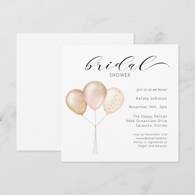 Invitación Caligrafía de globo de oro rosa Ducha de novia (Anverso / Reverso)