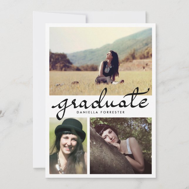 Invitación Caligrafía de grado cutáneo tres fotos (Anverso)