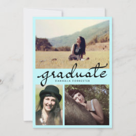 Invitación Caligrafía de Graduado Cute Tres Fotos Azul
