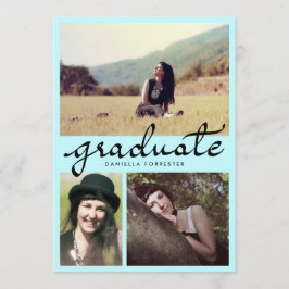 Invitación Caligrafía de Graduado Cute Tres Fotos Azul