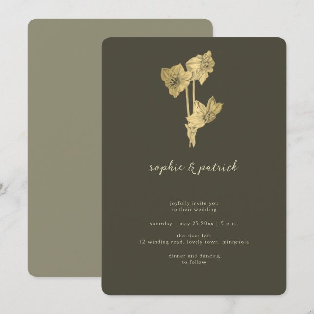 Invitación Caligrafía de guión Boda mínimo de oro de Daffodil (Anverso / Reverso)