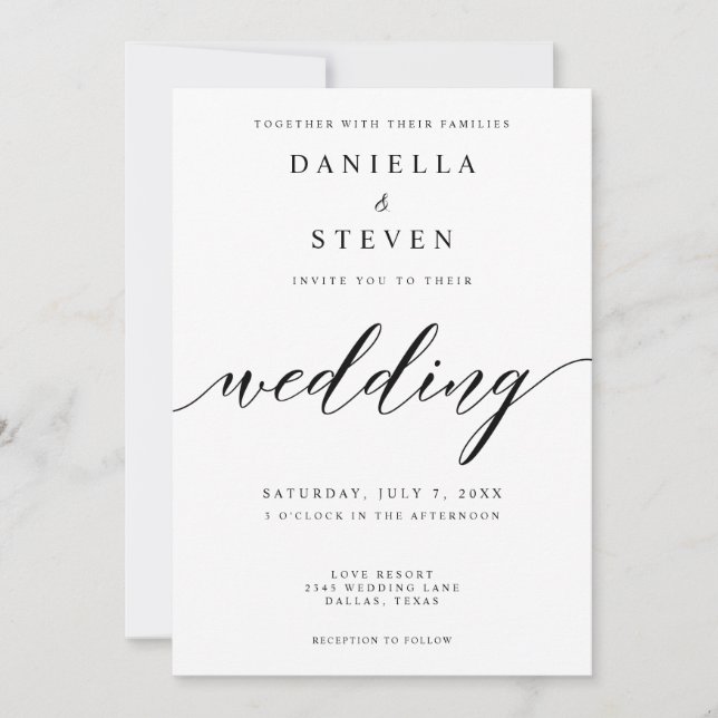 Invitación Caligrafía de guión clásico Boda blanco negro (Anverso)