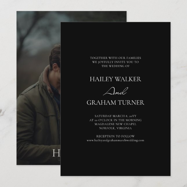 Invitación Caligrafía de guión clásico Boda de fotografía neg (Anverso / Reverso)