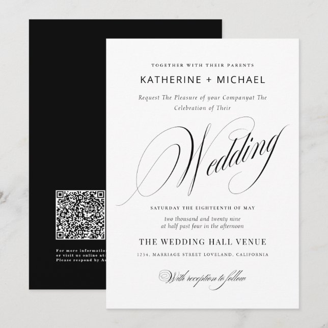 Invitación Caligrafía de guión romántico Boda simple y Moda (Anverso / Reverso)