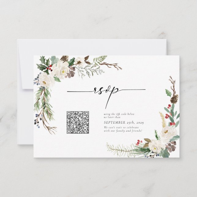 Invitación Caligrafía de invierno Botánica QR Boda de código  (Anverso)