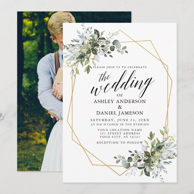 Invitación Caligrafía de la vegetación Foto Boda geométrico (Anverso / Reverso)