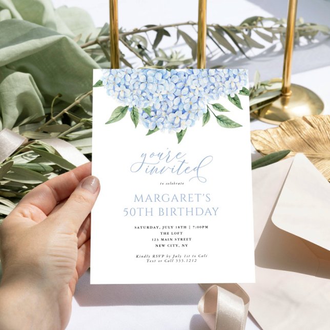 Invitación Caligrafía de las flores de hidrangea azul Cumplea (Subido por el creador)