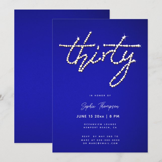 Invitación Caligrafía de los Diamantes de imitación azules re (Anverso / Reverso)