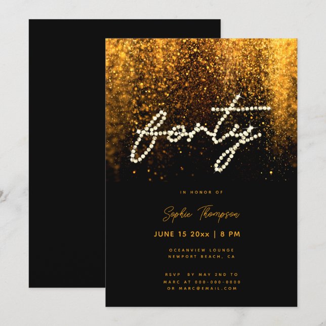 Invitación Caligrafía de los Diamantes de imitación Glam Gold (Anverso / Reverso)