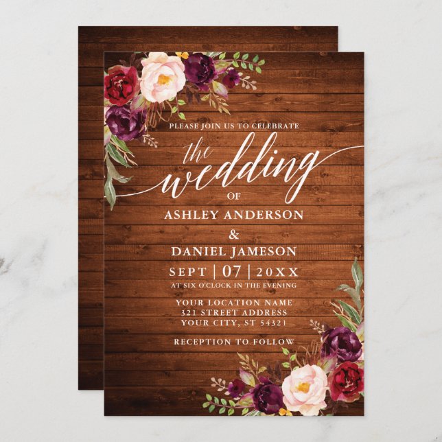 Invitación Caligrafía de madera floral de Borgoña Boda fotogr (Anverso / Reverso)