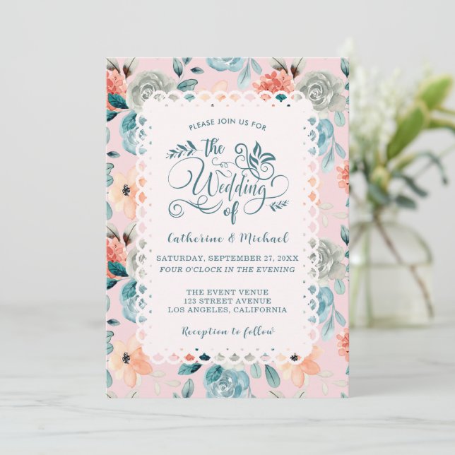 Invitación Caligrafía de matrimonio elegante de encaje floral (Anverso de pie)