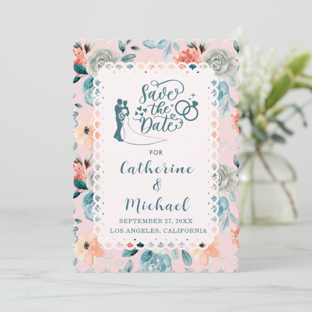 Invitación Caligrafía de matrimonio elegante de encaje floral (Anverso de pie)