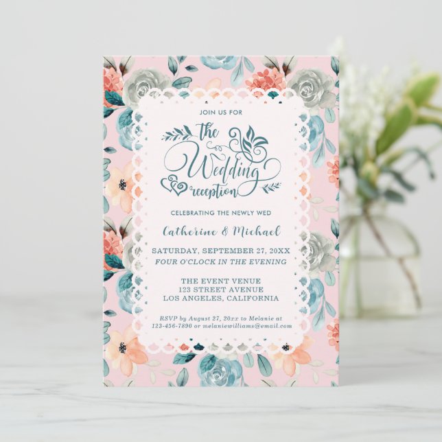 Invitación Caligrafía de matrimonio elegante de encaje floral (Anverso de pie)