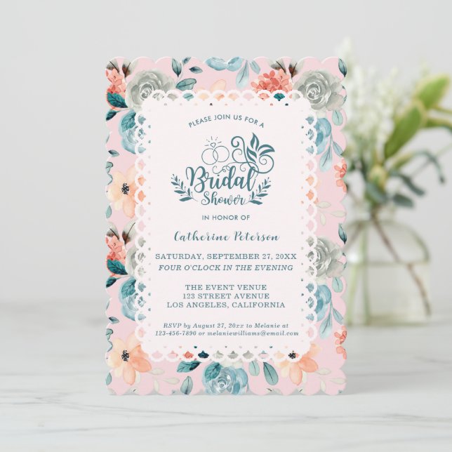 Invitación Caligrafía de matrimonio elegante de encaje floral (Anverso de pie)