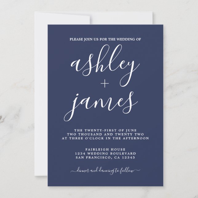Invitación Caligrafía de Moda simple Boda azul oscuro (Anverso)