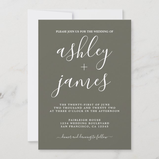 Invitación Caligrafía de Moda simple Boda de olivo seco (Anverso)