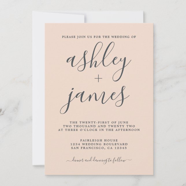 Invitación Caligrafía de Moda simple Boda rosa de polvo de co (Anverso)