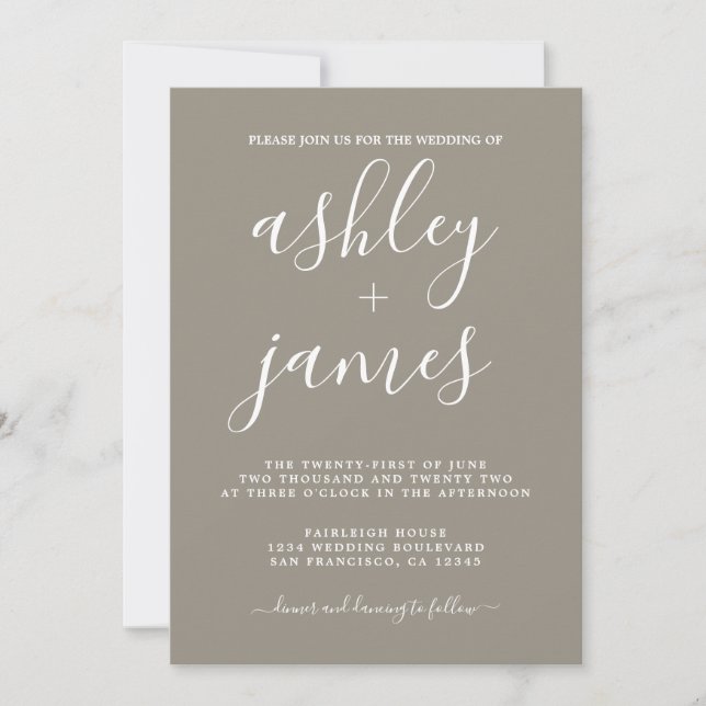 Invitación Caligrafía de Moda simple sintió Boda gris de lana (Anverso)