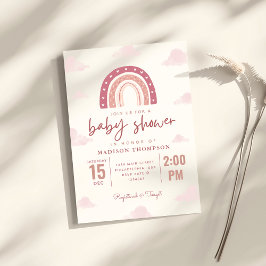 Invitación Caligrafía de nubes de arcoiris rosadas pastel Bab
