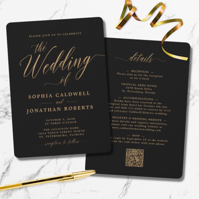Invitación Caligrafía de oro actualizada todo en un Boda negr (Subido por el creador)