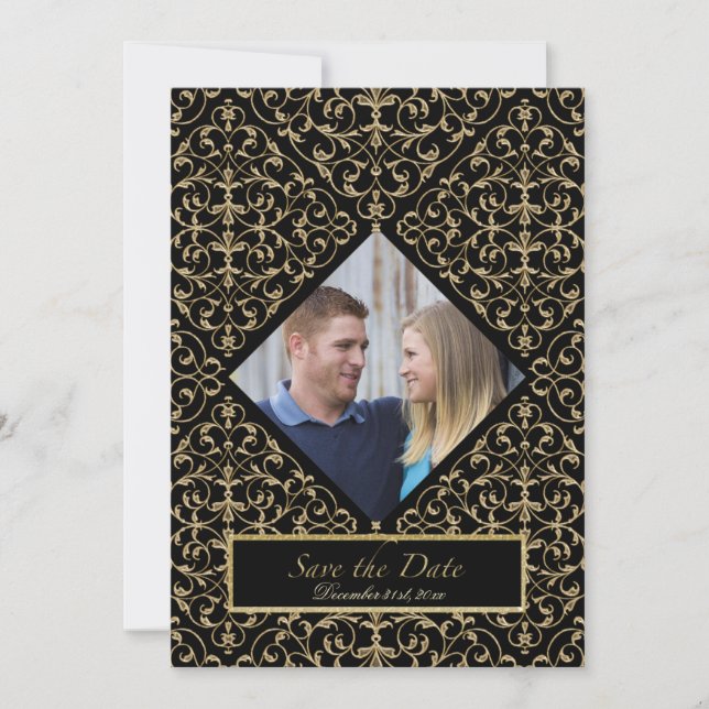 Invitación Caligrafía de oro Art Deco Nouveau Lace Damask (Anverso)