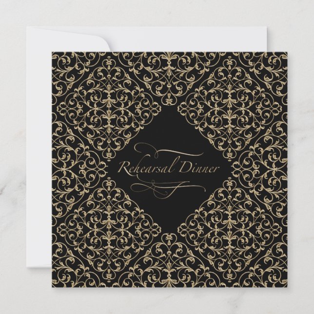Invitación Caligrafía de oro Art Deco Nouveau Lace Damask (Anverso)