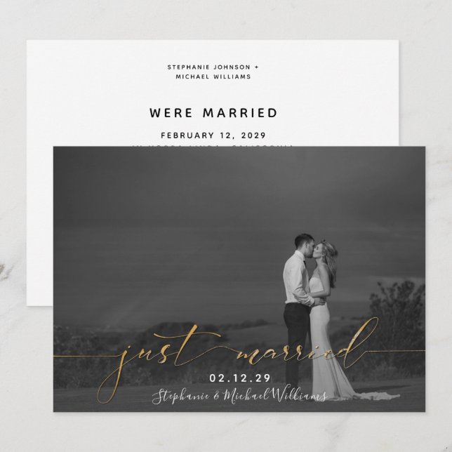 Invitación Caligrafía de oro blanco negro recién casada (Anverso / Reverso)