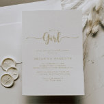 Invitación Caligrafía de oro es un Baby Shower Chica<br><div class="desc">Esta caligrafía dorada es una invitación chica a la ducha de bebé,  es perfecta para una ducha rústica o para rociar. El diseño,  sencillo y elegante,  presenta una tipografía de escritura clásica y elegante en oro.</div>