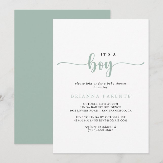 Invitación Caligrafía de oro es un chico Baby Shower (Anverso / Reverso)