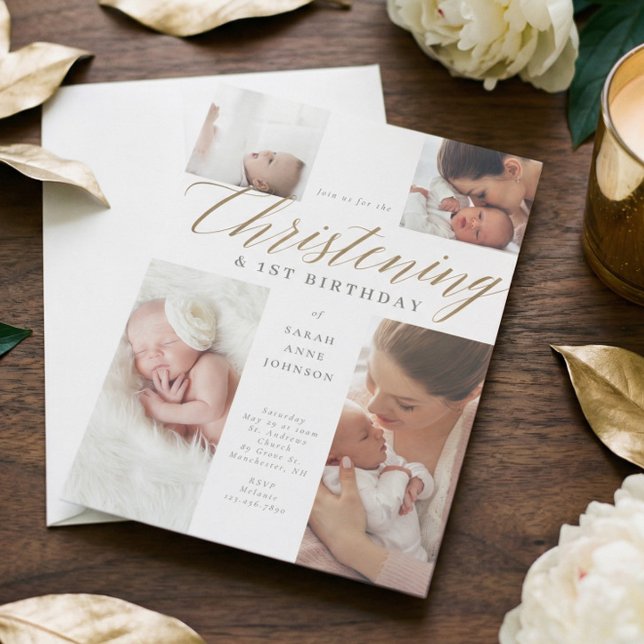 Invitación Caligrafía de oro Foto Christening y Primer Cumple (Gold Calligraphy Photo Christening & 1st Birthday Invitation)