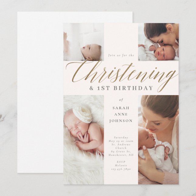 Invitación Caligrafía de oro Foto Christening y Primer Cumple (Anverso / Reverso)