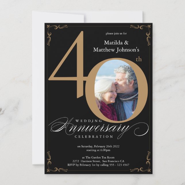 Invitación Caligrafía de oro negro 40° aniversario de Boda (Anverso)