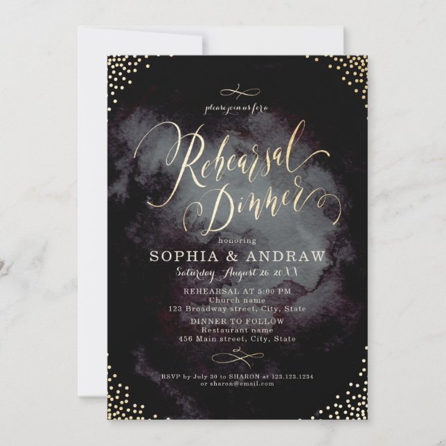 Invitación Caligrafía de oro negro de Glam Ensayo Cena (Anverso)
