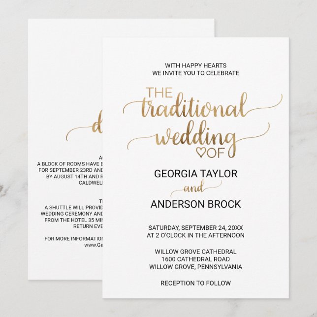 Invitación Caligrafía de oro simple Boda tradicional (Anverso / Reverso)