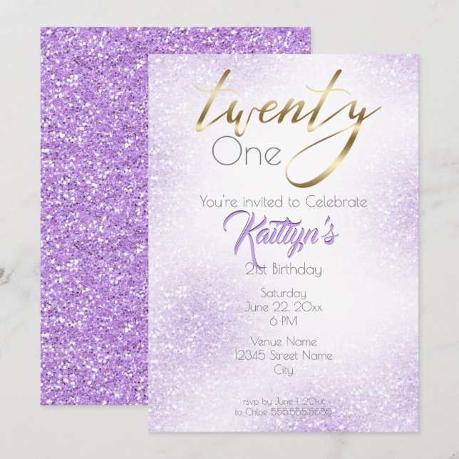 Invitación Caligrafía de oro y Moda Purpurina Lilac 21 (Anverso / Reverso)