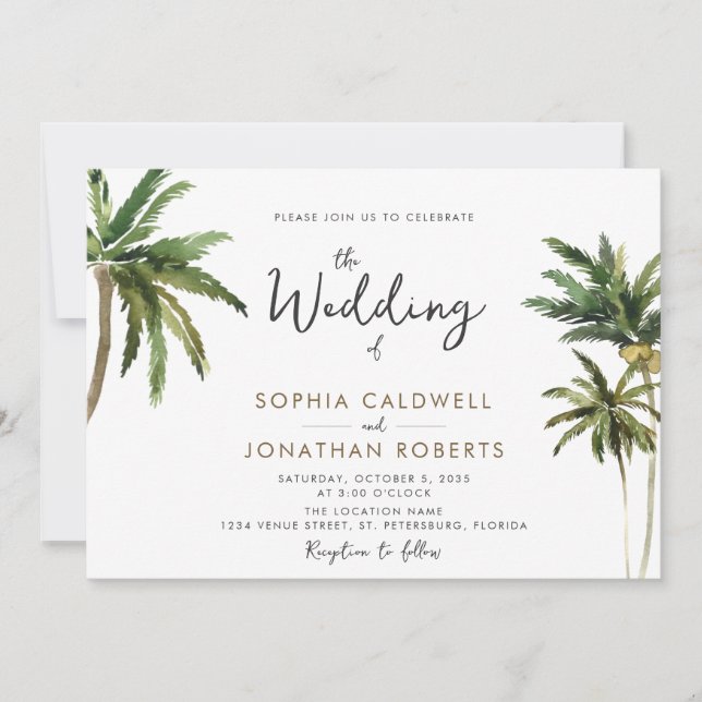 Invitación Caligrafía de palmas tropicales Boda de destino (Anverso)