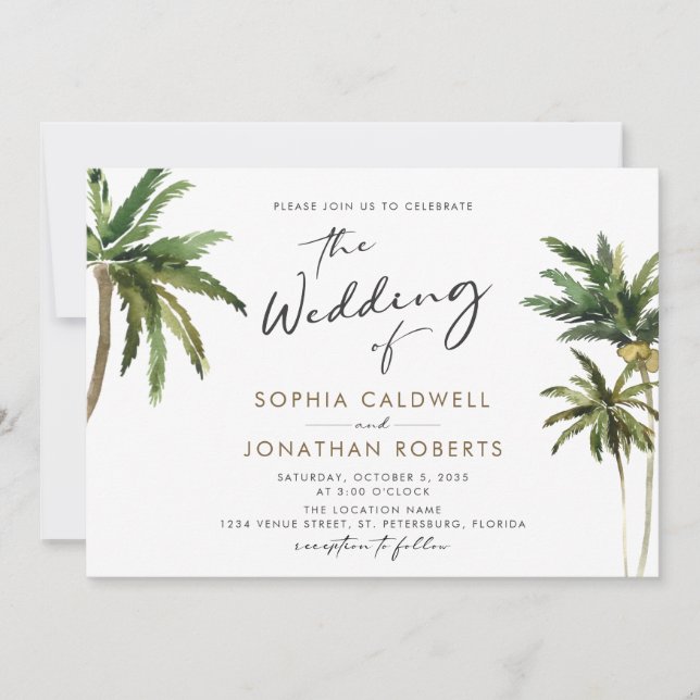 Invitación Caligrafía de palmas tropicales Boda de destino (Anverso)