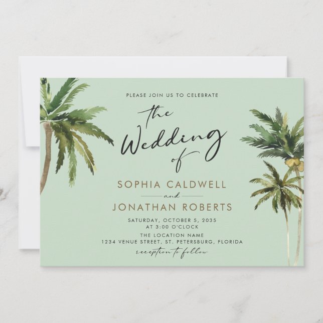 Invitación Caligrafía De Palmas Tropicales Boda De Destino In (Anverso)
