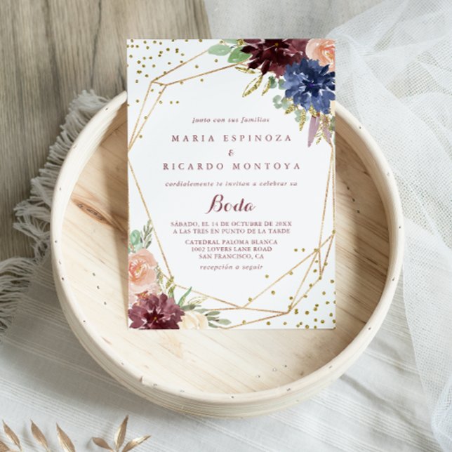 Invitación Caligrafía de Purpurina de oro geométrico Boda esp (Subido por el creador)