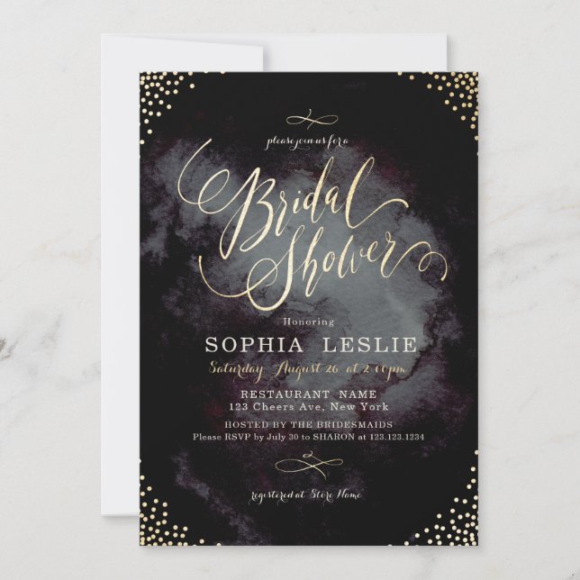 Invitación Caligrafía de purpurina de oro negro de Glam Brida (Anverso)