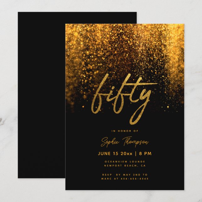 Invitación Caligrafía de Purpurina de oro negro elegante 50 c (Anverso / Reverso)