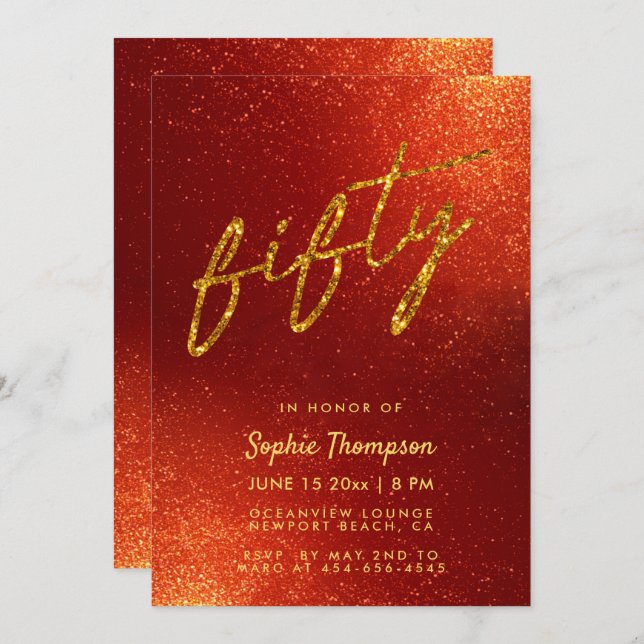 Invitación Caligrafía de Purpurina de Oro Rojo Elegante 50 cu (Anverso / Reverso)