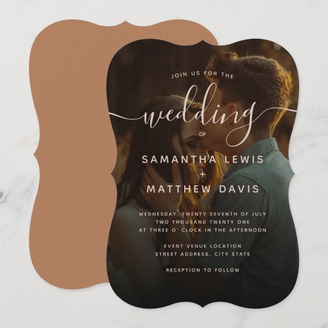 Invitación caligrafía de terracota guión Boda bohemio (Anverso / Reverso)