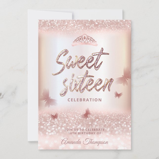 Invitación caligrafía de tiara en purpurinoso de oro Rosa mar (Anverso)