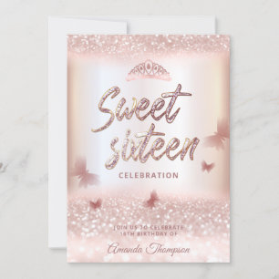 Invitación caligrafía de tiara en purpurinoso de oro Rosa mar